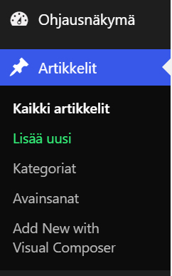 artikkelit Hallintapaneelin artikkelit välilehdeltä löytyvät kaikki WordPress-sivun kirjoitetut artikkelisivut