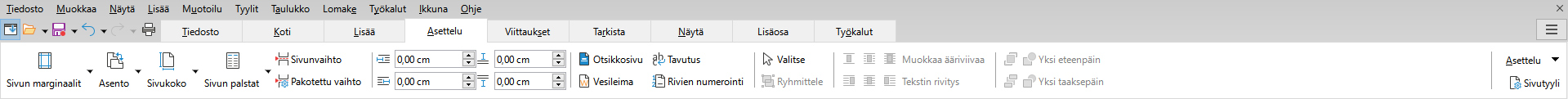 asettelu-valilehti Asetteluvälilehti Writer-ohjelmassa.