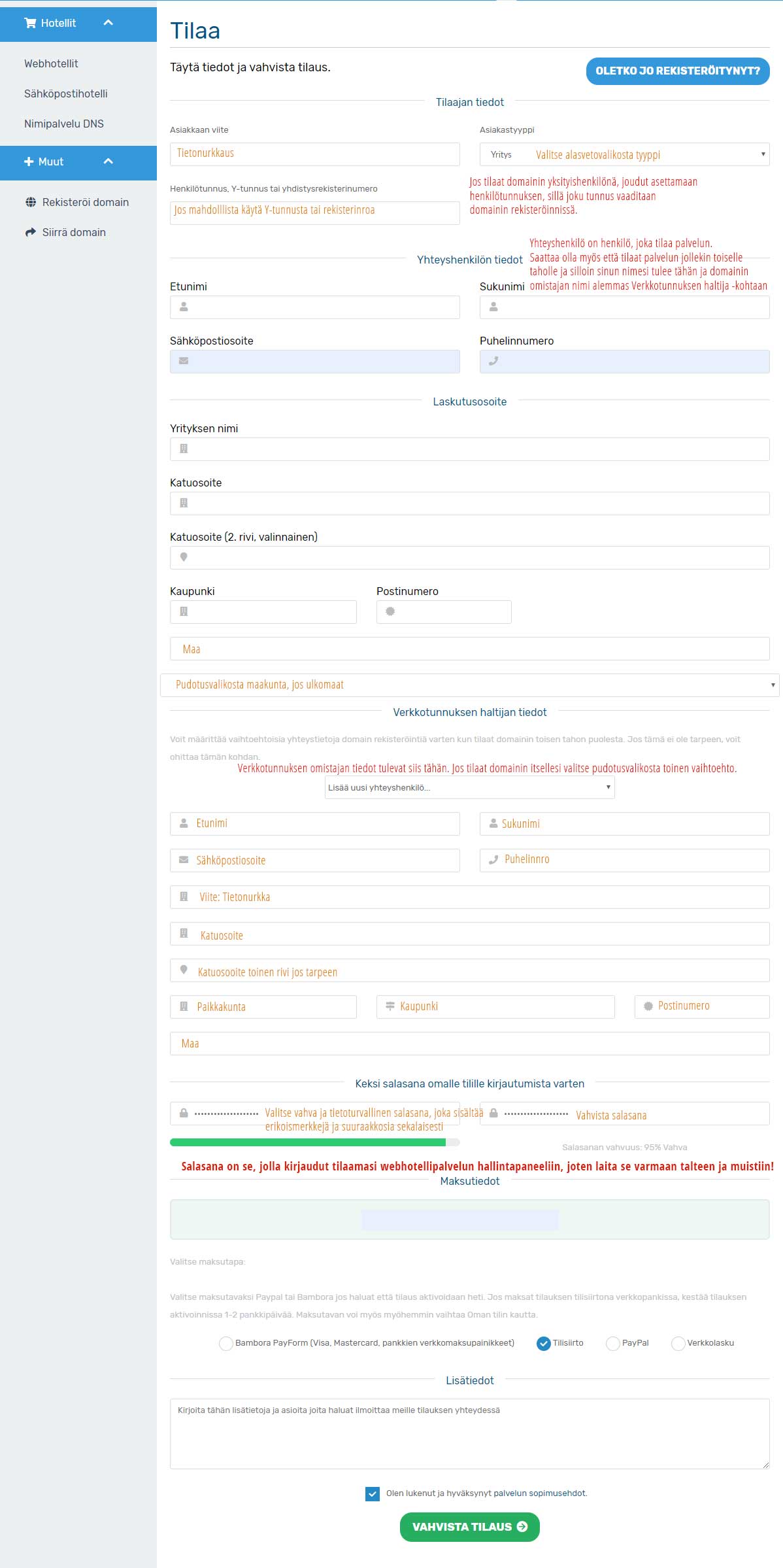 domain-rek Palvelun tilaaminen Domainhotelli-palvelusta.
