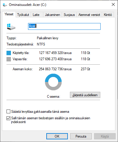 jarjesta-uudelleen-1 Resurssienhallinnan kautta valitaan levyn ominaisuudet ja avautuvasta ikkunasta löytyy valita Järjestä uudelleen.