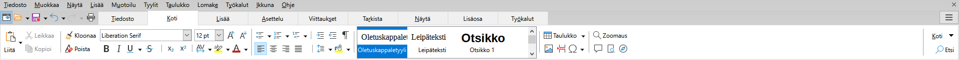 koti-valilehti Writer -ohjelman Koti-välilehti