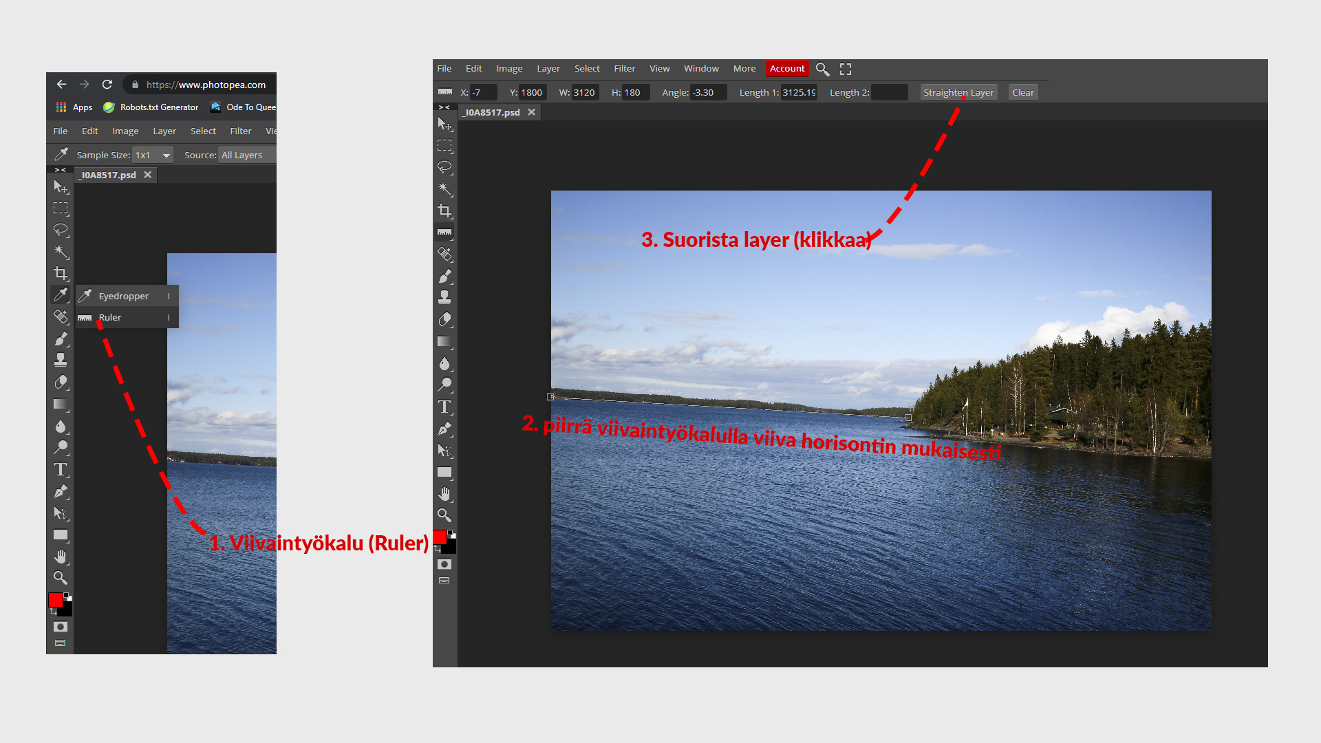 kuvankasittelu-horisintti Photopea: Kuvan suoristaminen horisontin mukaan
