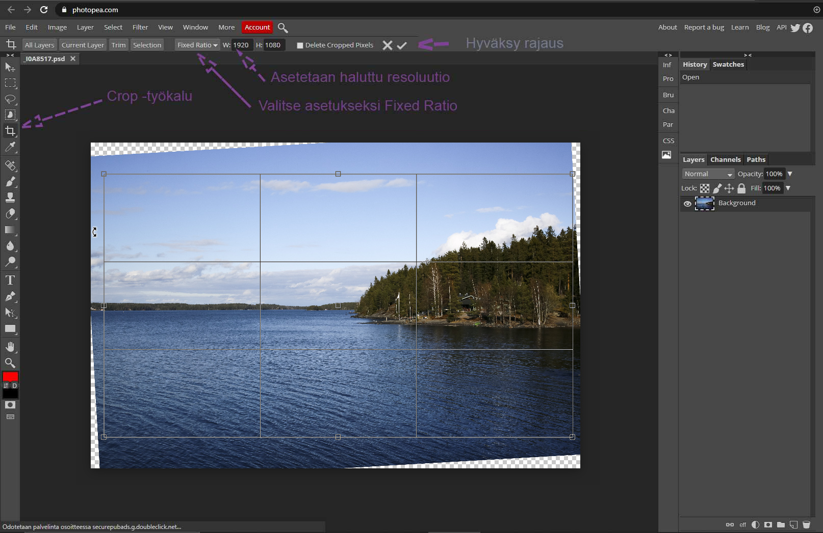 kuvankasittely-rajaus Photopea: Kuvan rajaaminen - Crop-työkalu ja sen asetukset.