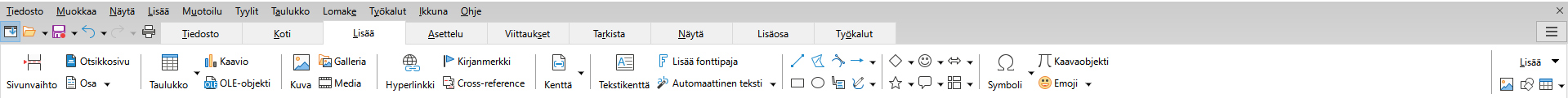 lisaa-valilehti Writer-ohjelman lisää-välilehti sisältää kaikkea lisäämiseen liittyviä toimia.