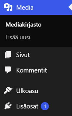 media Mediakirjastossa ovat kaikki sivuston mediaelementit, kuten kuvat, fontit, pdf-dokumentit ja videotiedostot.