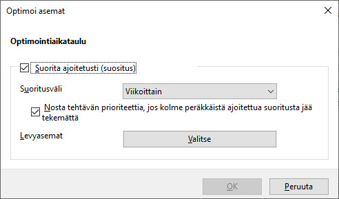 optimointi-ajastus Optimoi ja Eheytä-toiminnon aloitusikkunasta löytyvä optimoinnin ajastustoiminto.