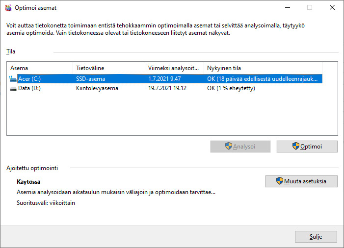 optimointi Optimoi ja eheytä toiminnon valintaikkuna