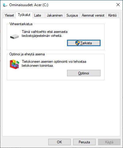 optimointi2 Optimoi ja Eheytä-toiminnon valinta voidaan löytää myös aseman ominaisuudet ikkunasta työkalut välilehdeltä.