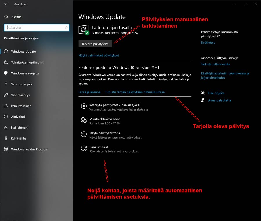 paivitykset Windows Update -asetukset toiminto.