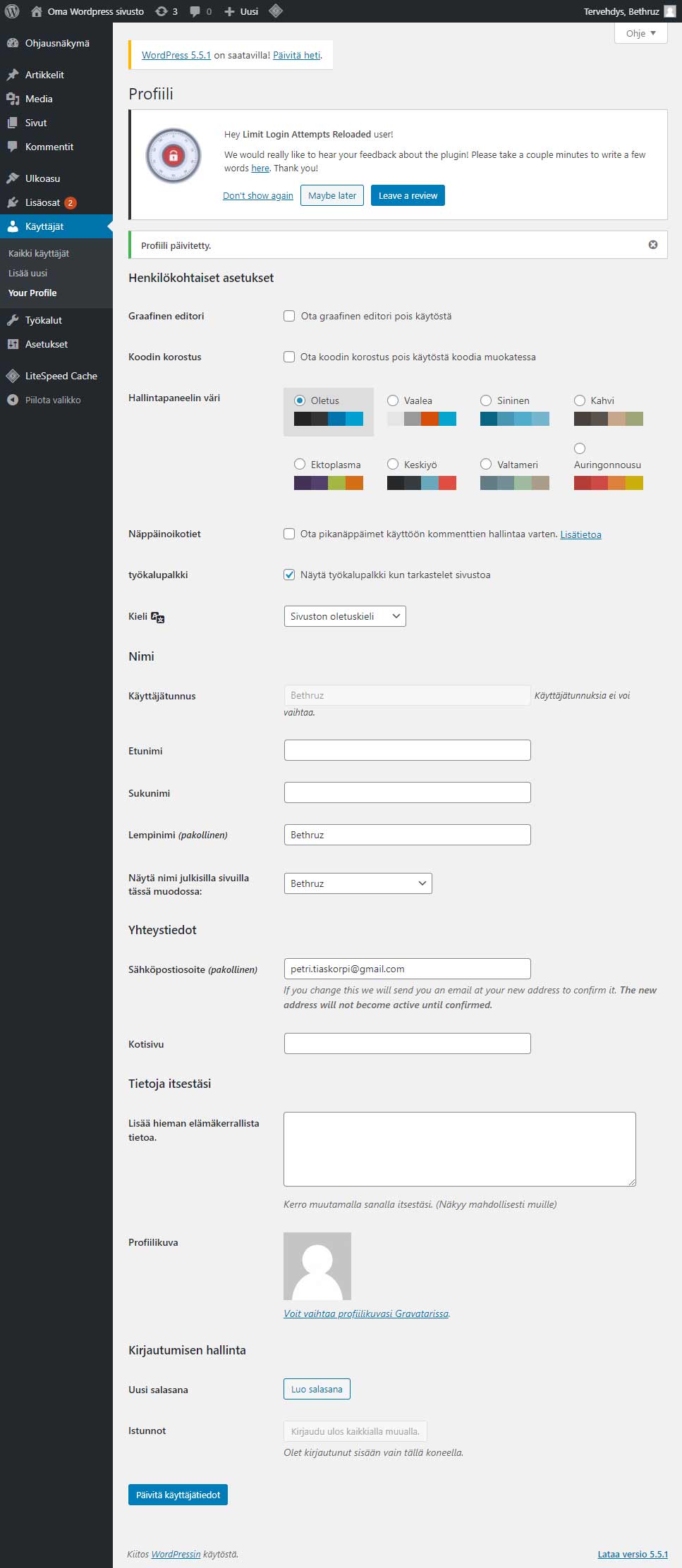 press-asennus-05 WordPress hallintapaneeli ja oma profiili