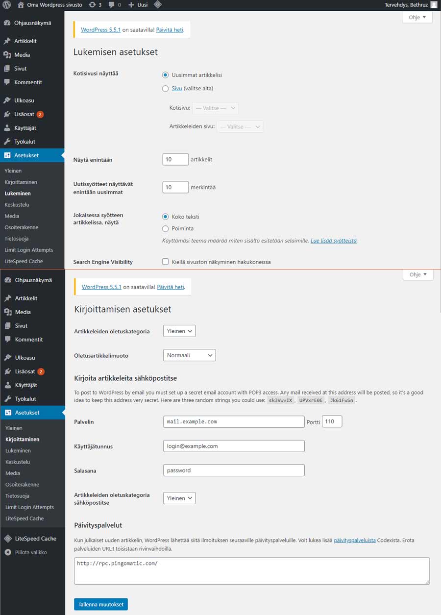 Asetukset välilehti - Lukeminen/Kirjoittaminen