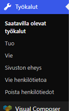 tools Työkalut valiko tarjoaa työkaluja tiedon tuomiseen ja viemiseen. VOit myös hallinnoida käyttäjien henkilötietoja.