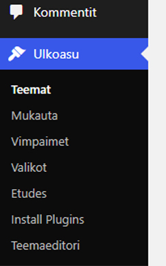 ulkoasu Ulkoasu-välilehdeltä voidaan asentaa sivulle teema, siirtyä WordPressin omaan sivun muokkaimeen. Voit myös hallinnoida Vimpaimia (Widgets), navigointivalikoita tai siirtyä teemaeditoriin.