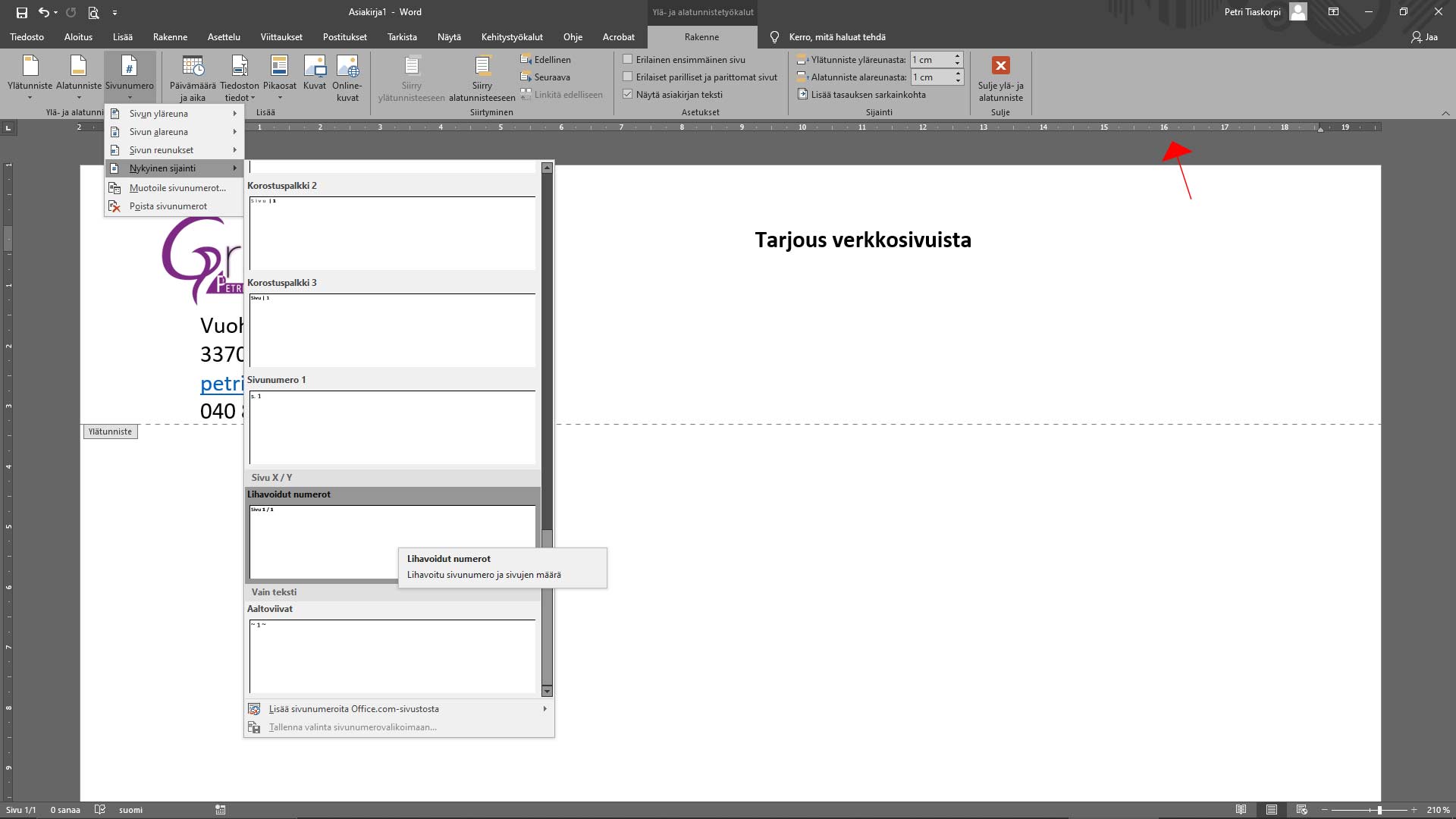 word-05 Sivunumeroinnin asettaminen