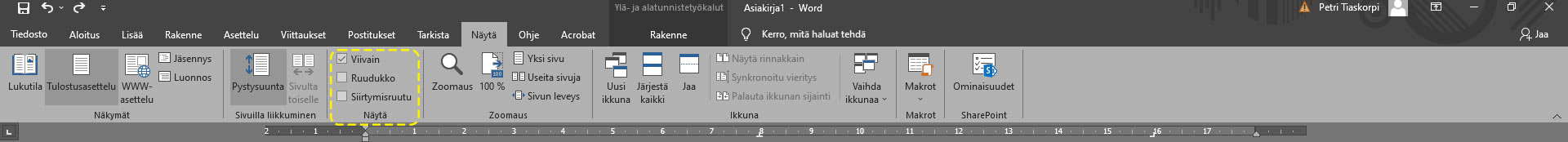 word-06 MS Wordin Näytä-välilehdeltä muokataan Wordin näkymää.
