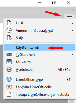 writer-02 Libre Office Writer-ohjelman asetuksia löytyy ikkunan oikeassa yläkulmassa olevasta hampurilaisvalikosta.