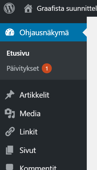 yllapito-01 Hallintapaneelin päivitykset välilehdeltä löytyvät päivittämistä kaipaavat lisäosat, teemat ja WordPress-versio
