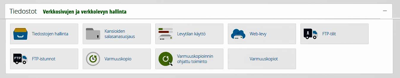 cpanel-02 Tiedostot toimintolohkossa on oman palvelintilan tiedostorakenteen hallintaan liittyviä toimintoja.