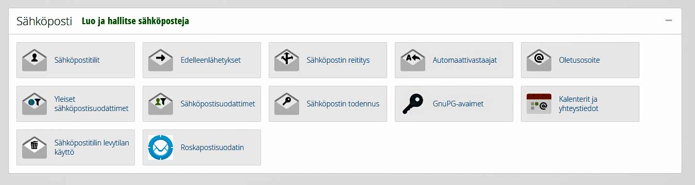 cpanel-03 Sähköpostit toimintolohkosta löydät kaikki hotellitilan sähköpostien hallintaan liittyvät toiminnot.