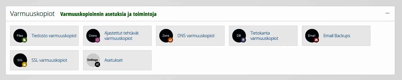 cpanel-04 Varmuuskopiot toimintolohko sisältää erilaisia työkaluja varmuuskopiointiin liittyen.