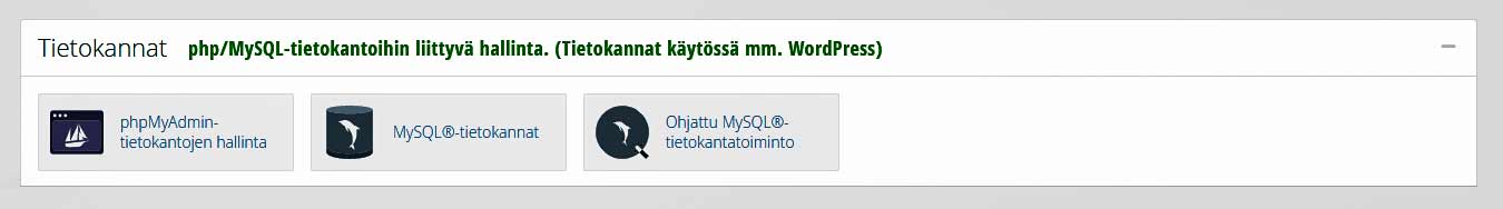 cpanel-06 Tietokanta -toimintolohko sisältää työkaluja MySQL-tietokantojen muokkaamiseen ja luomiseen.