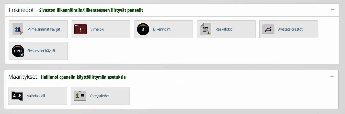 cpanel-07 Lokitiedot ja Määritykset toimintolohkot CPanelissa.