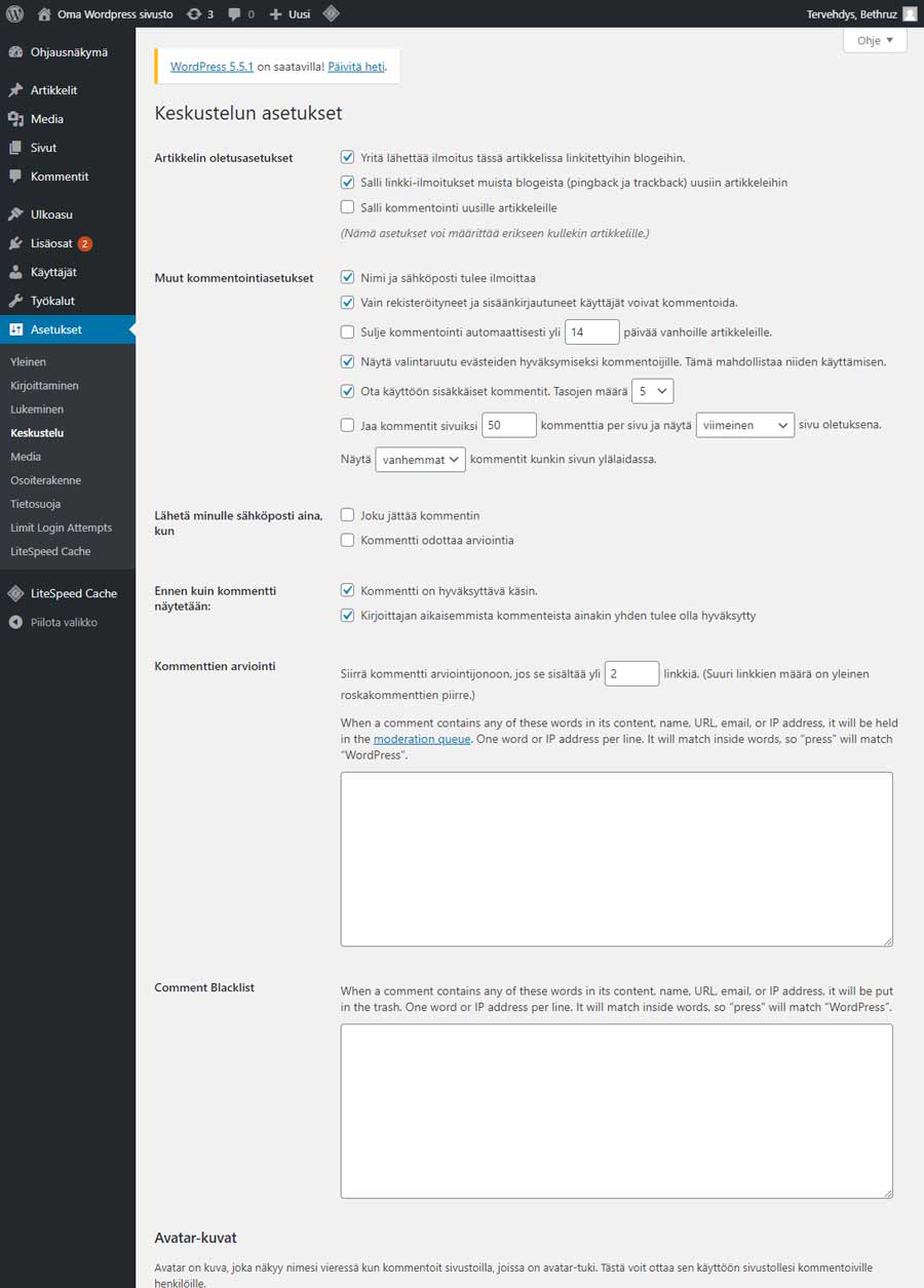 WordPress kommentoinnin asetukset.