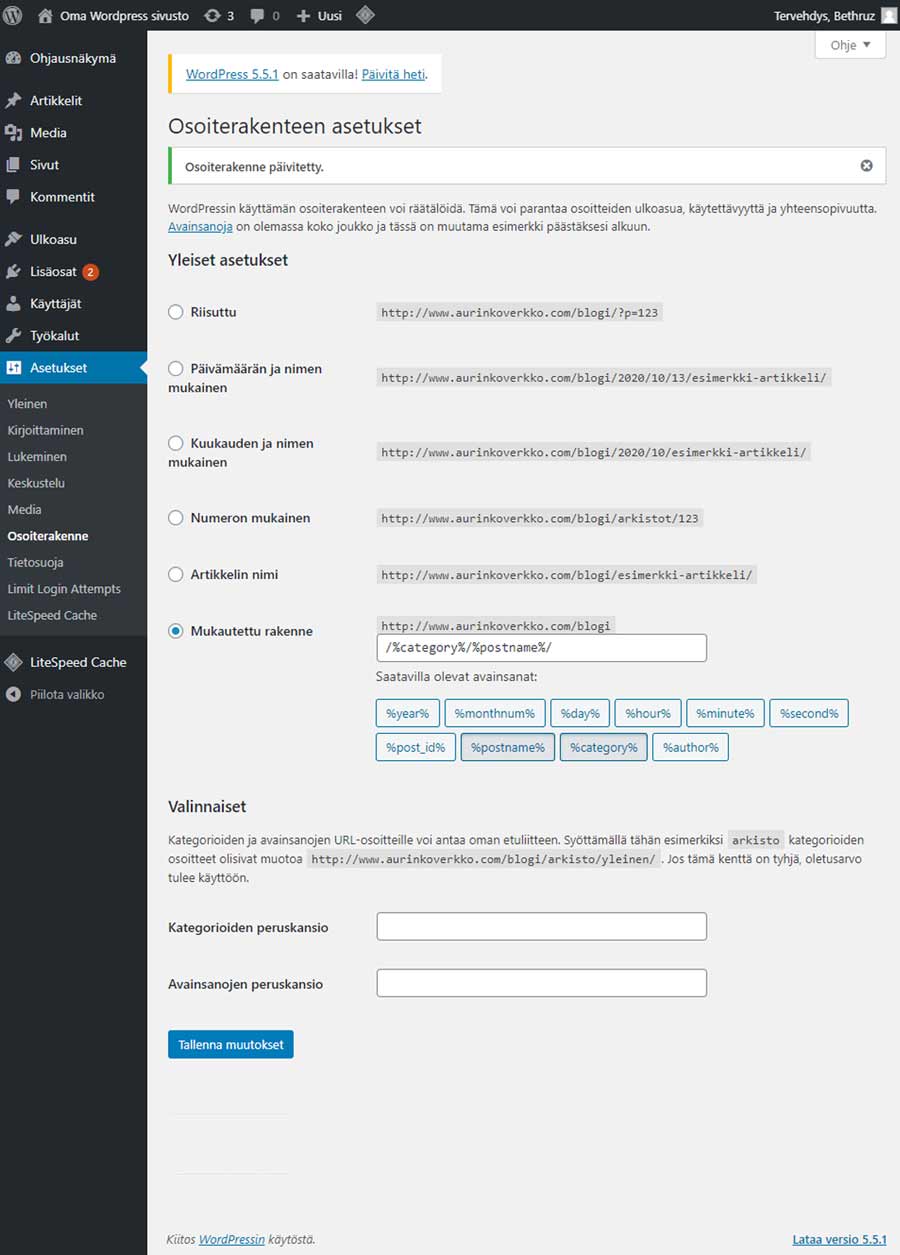 WordPress asetukset osion permalinks-toiminnot.