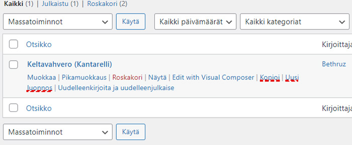 Artikkelin kopiointitoiminnot Kaikki artikkelit sivulla hallintapaneelissa.