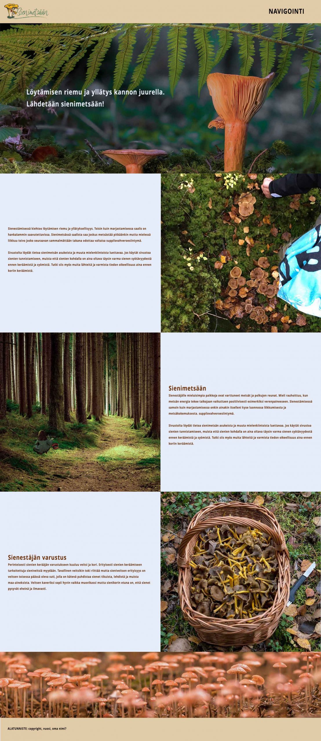 Sienimetsään etusivun layout hahmoteltuna Photoshopissa