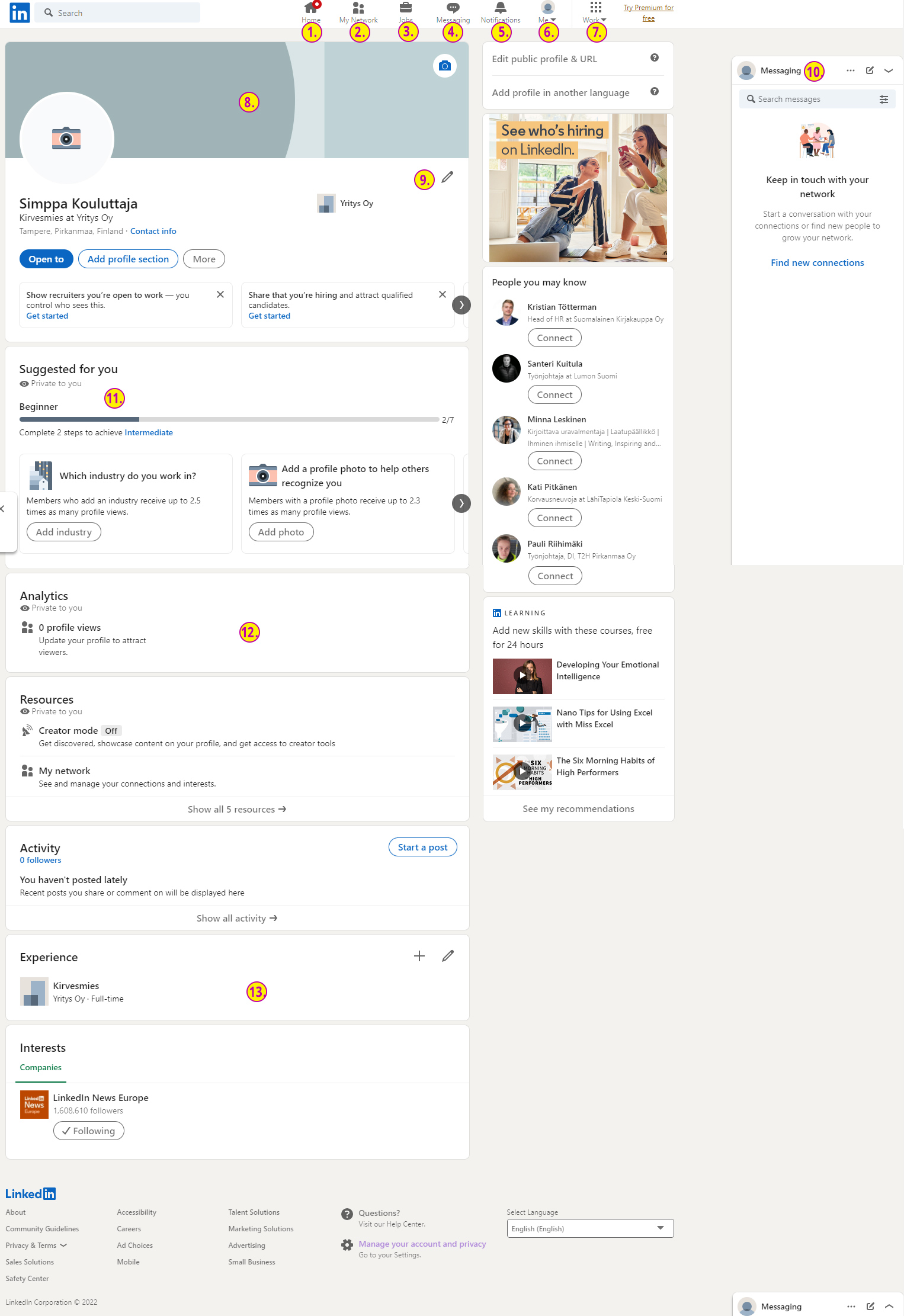 LinkedIn käyttöliittymä