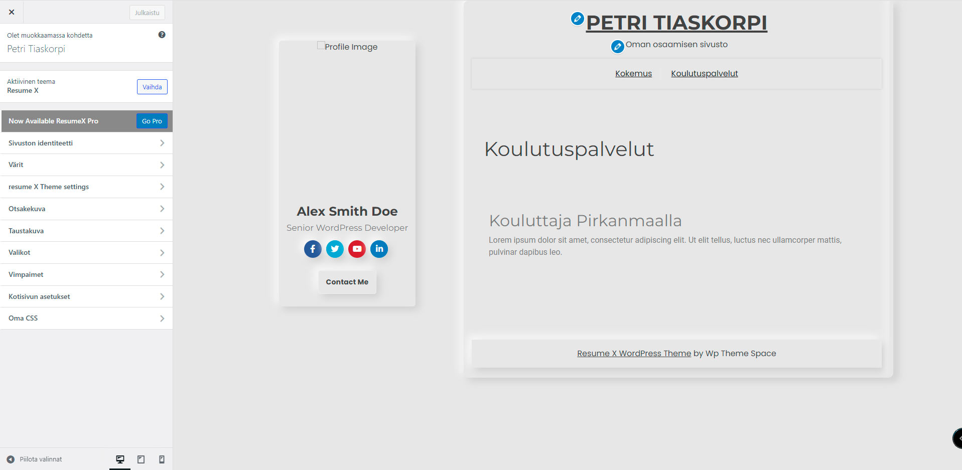 mukauta-view WordPressin mukauta näkymä Resume-X teemassa