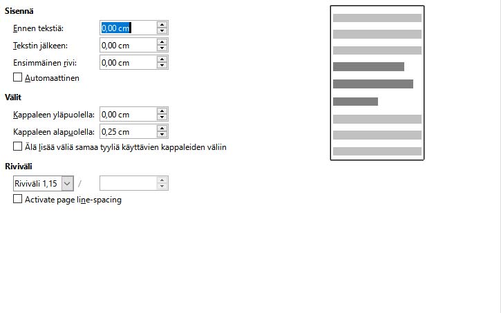 Sisennykset ja Välit välilehti