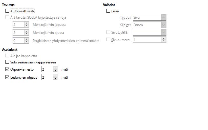 Tekstin rivitys -välilehti