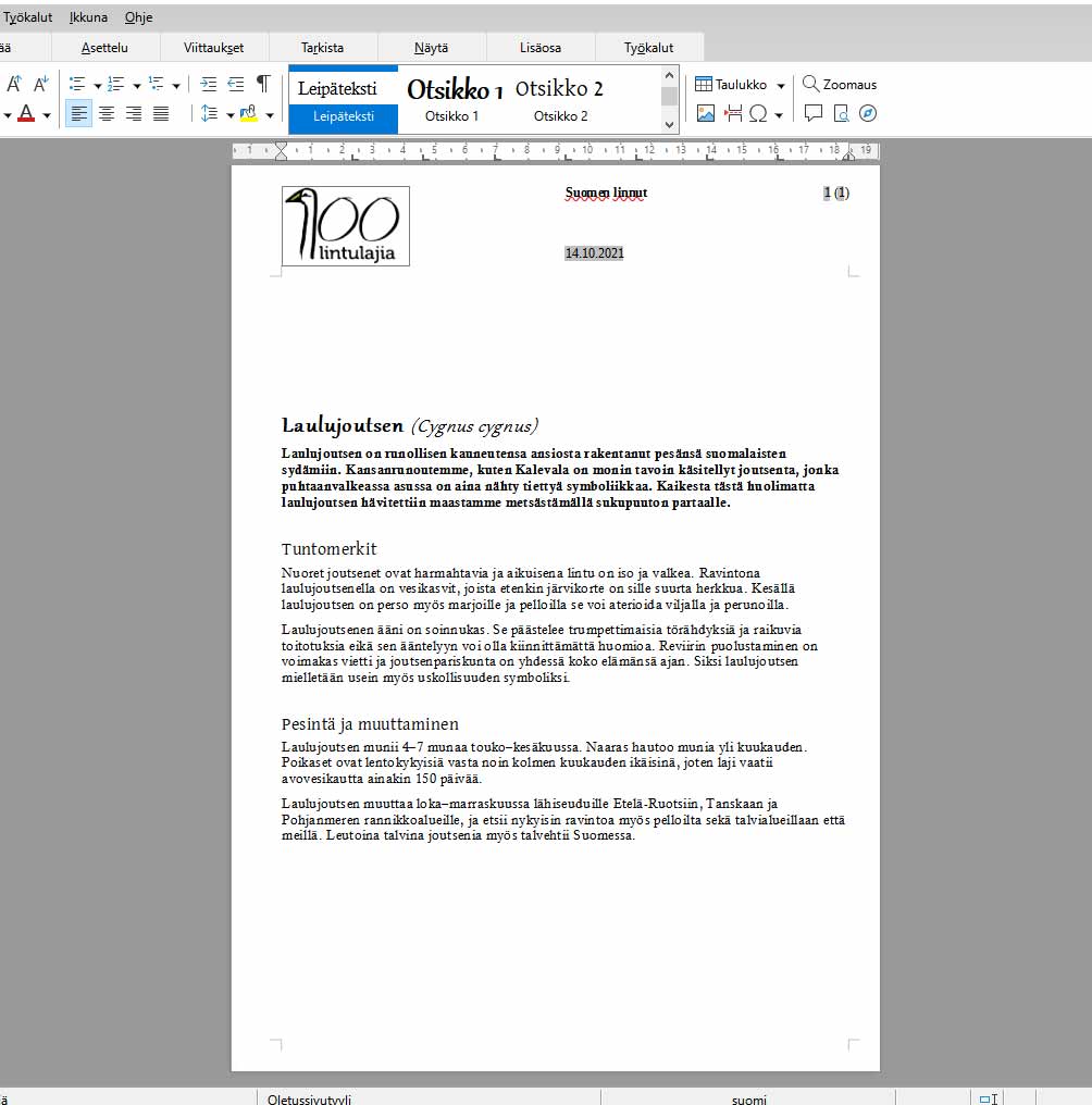 writer-28 Teksti laulujoutsenesta on valmis.