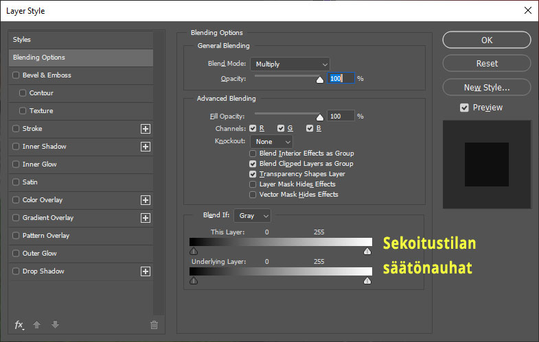 harj1-05 Layer Styles Blending sekoitustilan asetukset.