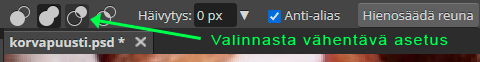 kuvankasittely-03 Lasson työkaluista voidaan valita vähentävä asetus, joka poistaa valinnasta lassotun alueen.