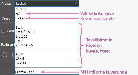 raw-7 Kuvasuhteen määrittäminen Preset-toiminnolla kuvan rajaustoiminnossa.