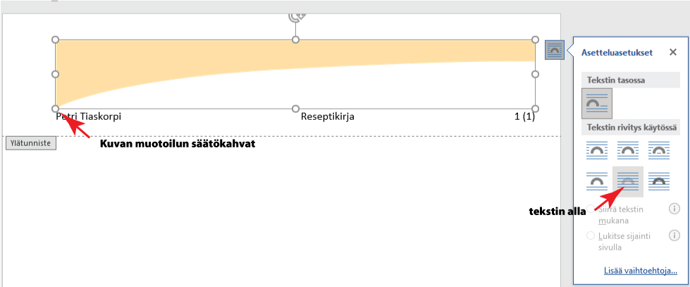 Lisätään ylätunnisteeseen taustakuva ja asetetaan se tekstin alapuolelle. Muotoillaan kuva sopivaksi säätökahvoista.