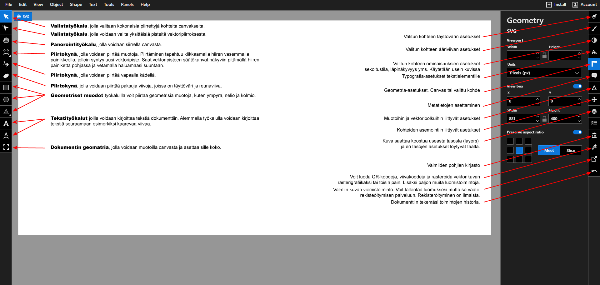 Boxy SVG vektoripiirto-ohjelman käyttöliittymän toiminnot.
