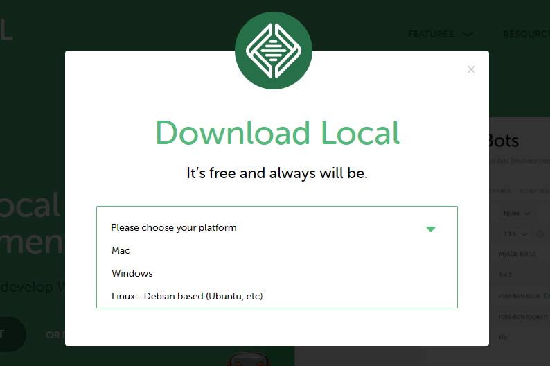 Valitse käyttöjärjestelmä. WPLocal tukee myös Mac:iä ja Linux-käyttöjärjestelmää.