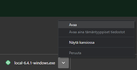 Selainikkunan latauspalkin toiminnot. Klikkaa avaa tai Näytä kansiossa.