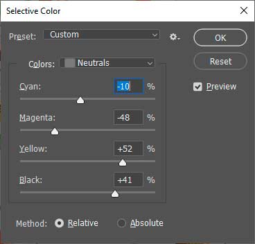 Selective Color-työkalu Photoshopissa.