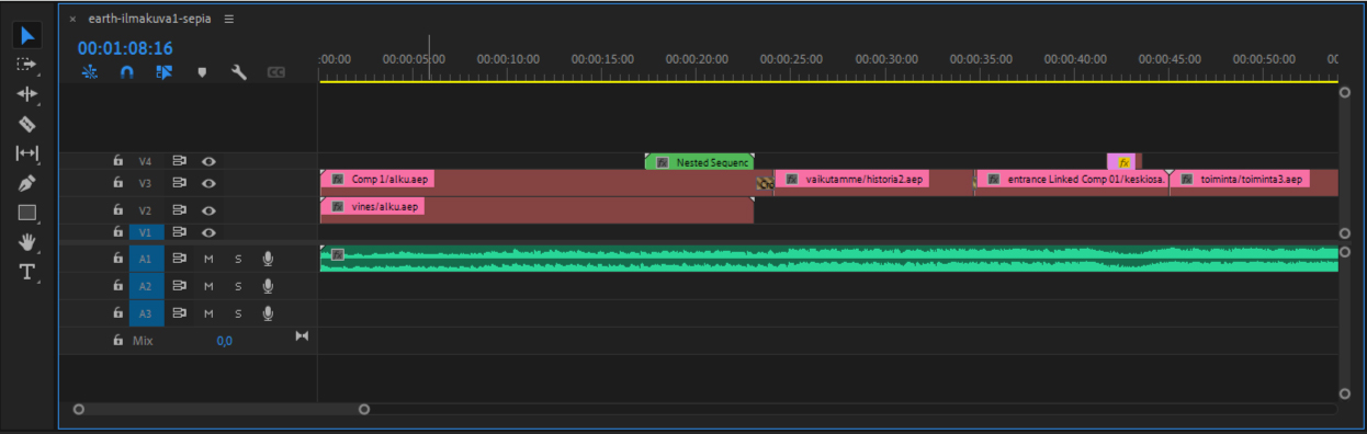 Adobe Premiere Pro videoeditointiohjelmiston videon aikajana ja sen työkalut.