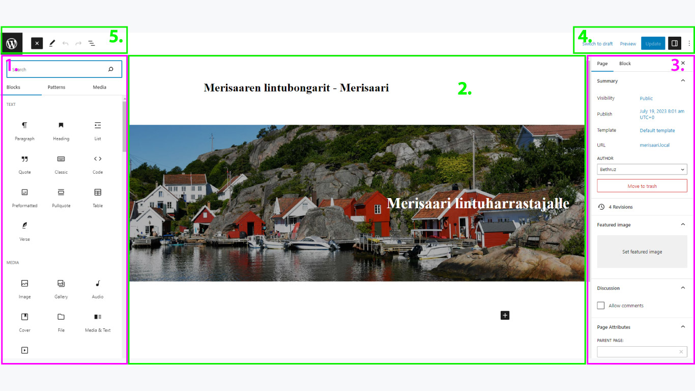 gutenberg-1 Gutenberg-editorin käyttöliittymä.