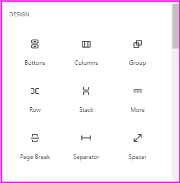 gutenberg-2 Design-elementtien lohko sisältää sisällön jaottelemiseen liittyviä elementtejä.