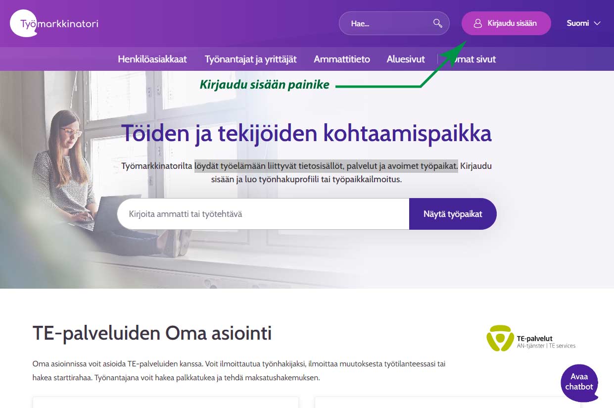 tyomarkkinatori-01 Työmarkkinatorin etusivu ja kirjaudu sisään -painike.