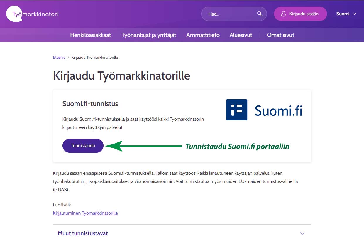 tyomarkkinatori-02 Tunnistaudutaan Suomi.fi portaaliin.